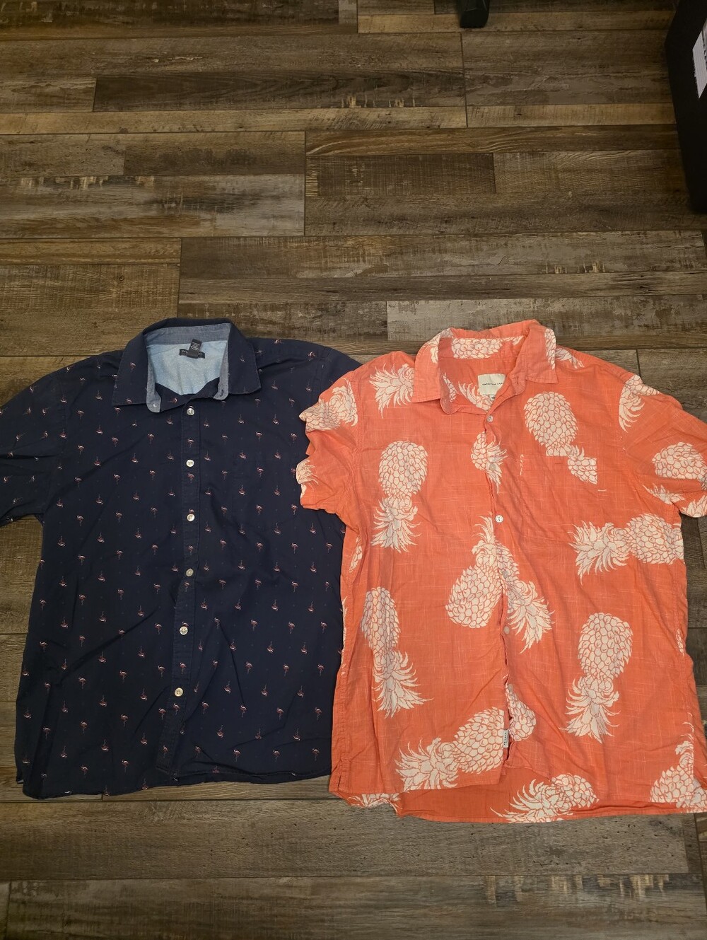 Two (2) Mens Short Sleeved Button Up Shirts (L)